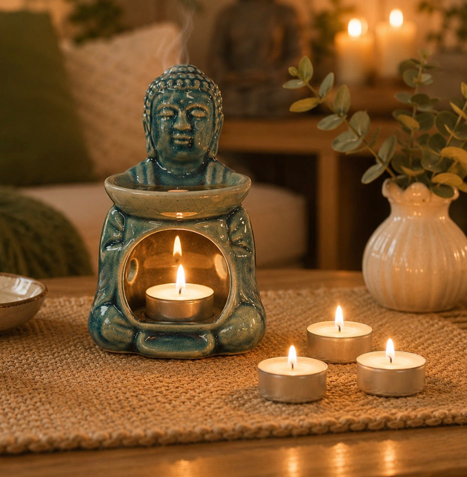 ✨ Brûleur à Huile Bouddha Méditation – Décoration Bohème Bleue