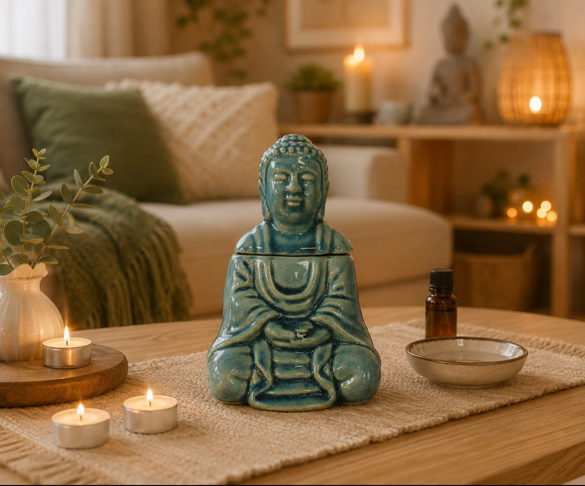 ✨ Brûleur à Huile Bouddha Méditation – Décoration Bohème Bleue