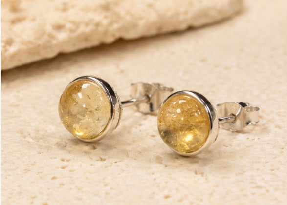 💛 Boucles d’Oreilles en Argent 925 & Citrine Naturelle AA – Pierre 8 mm